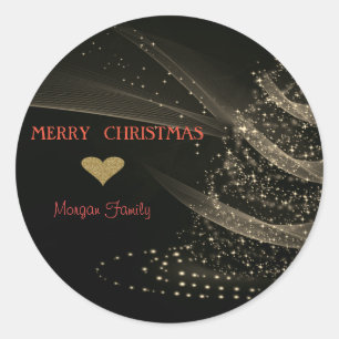 Elegant Christmas Gold Tree, Black Classic Round Sticker