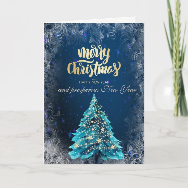 Elegant ,Christmas Gold Tree Stars Corporate Holiday Card (Front)
