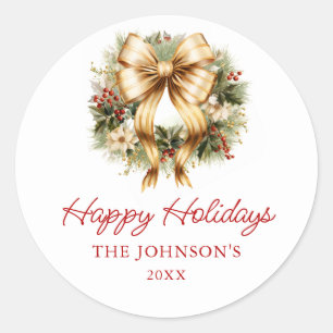 Elegant Christmas Gold Wreath Happy Holidays Classic Round Sticker