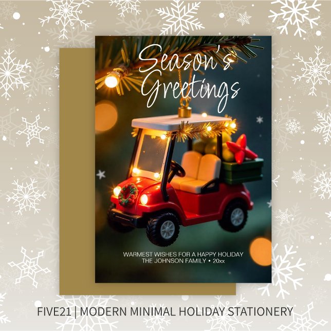 Elegant Christmas Golf Cart Ornament • Gold Holiday Card (Creator Uploaded)