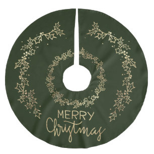 Elegant Christmas Green and Gold Holly Brushed Polyester Tree Skirt