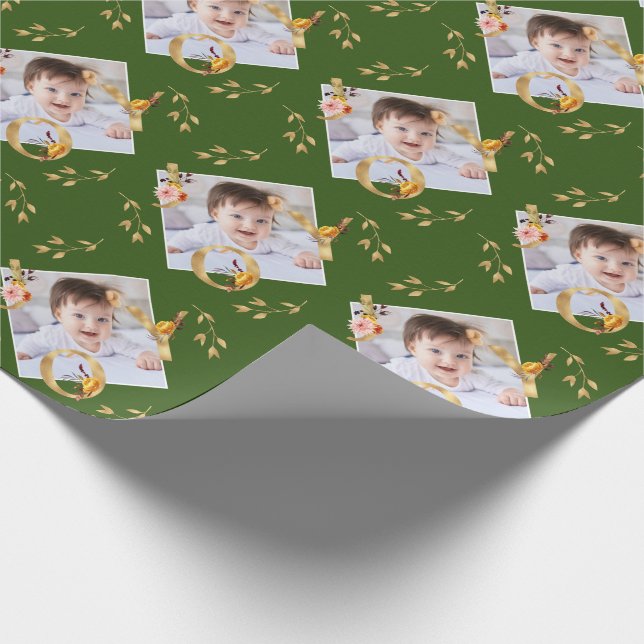 Elegant Christmas Green and Gold Joy Photo  Wrapping Paper (Corner)