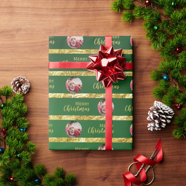 Elegant Christmas Green & Gold Stripes Baby Photo Wrapping Paper (Creator Uploaded)