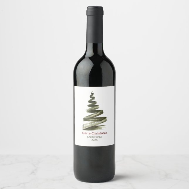 Elegant Christmas Green Tree Watercolour  Wine Label (Front)