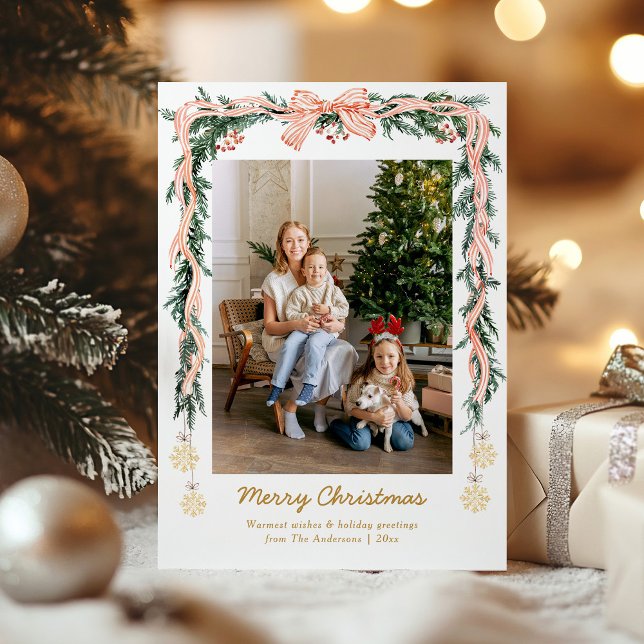 Elegant Christmas Greenery & Coquette Bow 1 Photo Holiday Card (Creator Uploaded)