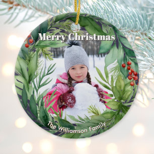 Elegant Christmas Greenery Custom Photo Ceramic Tree Decoration