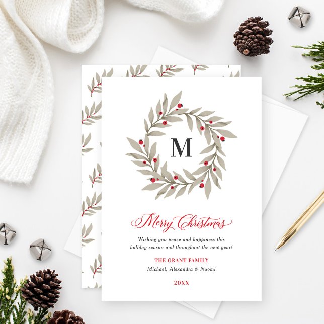 Elegant Christmas Greenery Monogram Wreath Holiday Card (Creator Uploaded)