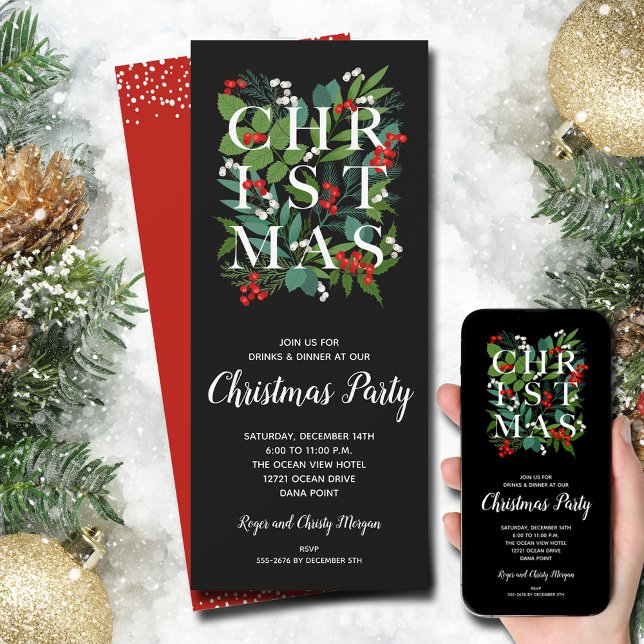 Elegant CHRISTMAS Greenery Party Invitations (Elegant CHRISTMAS typography on greens and berries invitations - INSTANT DOWNLOAD and/or PRINTED)