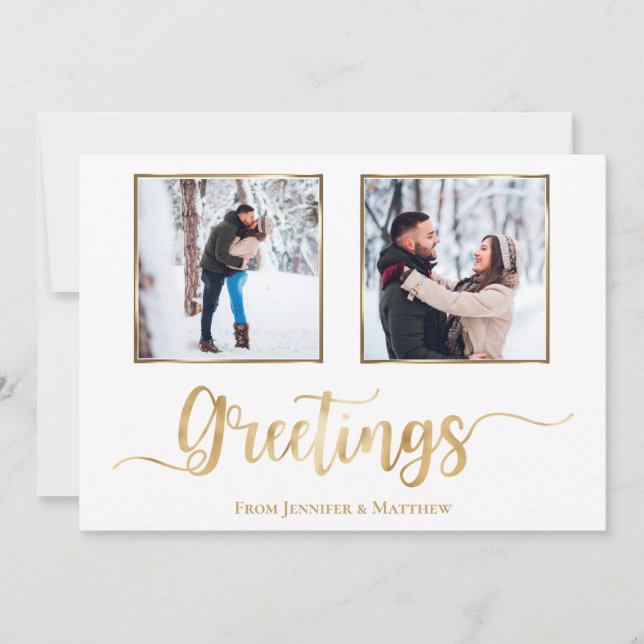 Elegant Christmas Greetings White Gold Photo Holiday Card (Front)