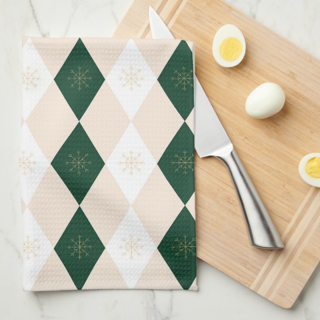 Elegant Christmas Harlequin Pattern with Snowflake Tea Towel (Quarter Fold)