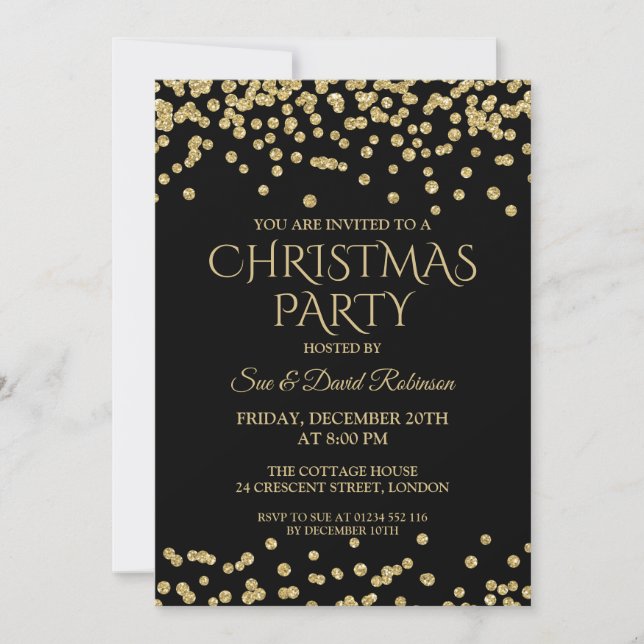 Elegant Christmas Holiday Party Gold Black Glitter Invitation (Front)