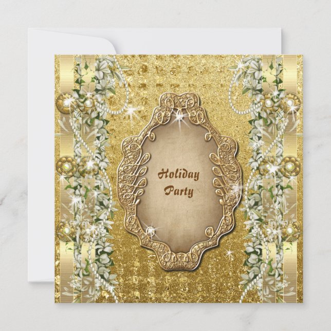 Elegant Christmas "holiday party" gold custom Invitation (Front)