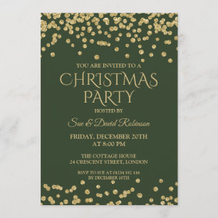 Elegant Christmas Holiday Party Gold Green Glitter Invitation