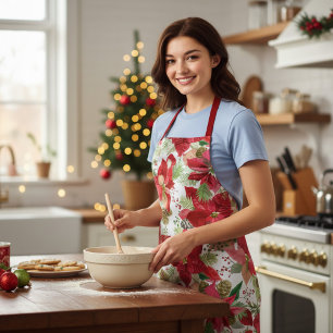 Elegant Christmas Holiday Poinsettia Pine Cone Apron