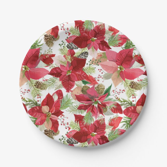 Elegant Christmas Holiday Poinsettia Pine Cone Paper Plate (Front)