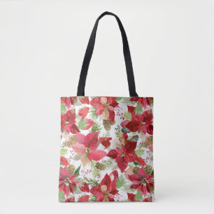 Elegant Christmas Holiday Poinsettia Pine Cone Tote Bag
