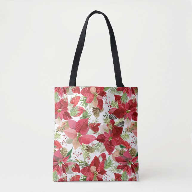 Elegant Christmas Holiday Poinsettia Pine Cone Tote Bag (Front)