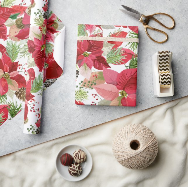 Elegant Christmas Holiday Poinsettia Pine Cone Wrapping Paper (Crafts)