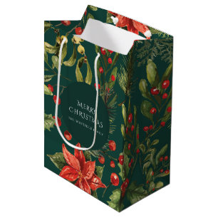 Elegant Christmas Holiday Watercolor Floral Custom Medium Gift Bag