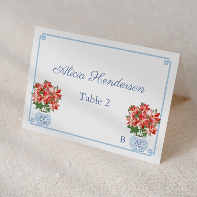 Elegant Christmas Holidays Buffet Lunch Place Card (Red poinsettia ginger jar christmas holidays individual place card design)