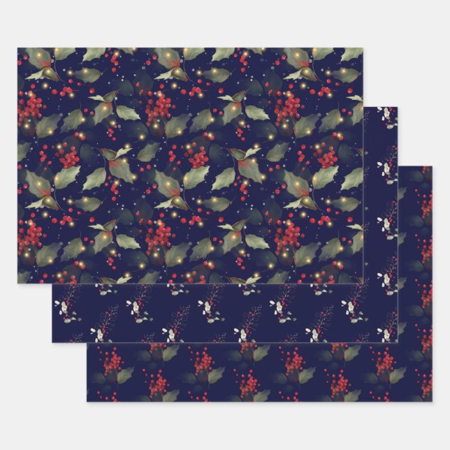 Elegant Christmas Holly Berry Eucalyptus Red Gold Wrapping Paper Sheet (Set)