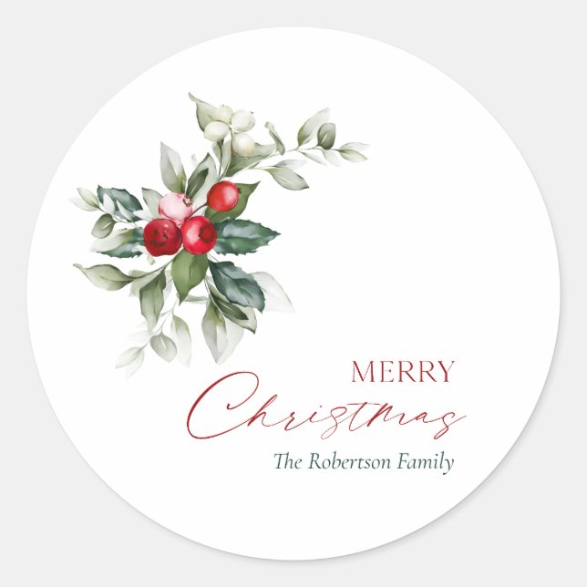 Elegant Christmas Holly Classic Round Sticker (Front)