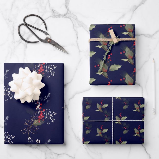 Elegant Christmas Holly Gold Green Red Berries  Wrapping Paper Sheet (Front)