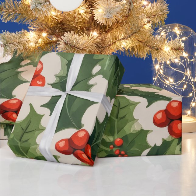 Elegant Christmas Holly Leaves and Berries Gift  Wrapping Paper (Holidays)