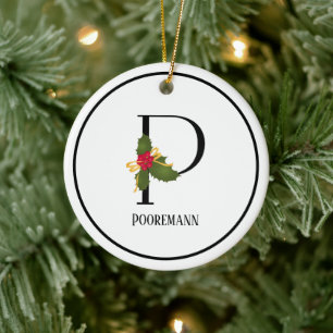 Elegant Christmas Holly Monogram Letter P Ceramic Tree Decoration