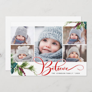 Elegant Christmas Holly Pine 5 Photo Holiday Card