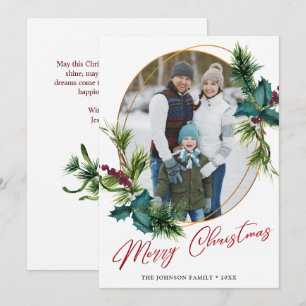 Elegant Christmas Holly Pine Photo Holiday Card