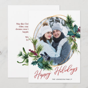 Elegant Christmas Holly Pine Photo Holiday Card
