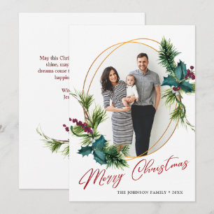 Elegant Christmas Holly Pine Photo Holiday Card