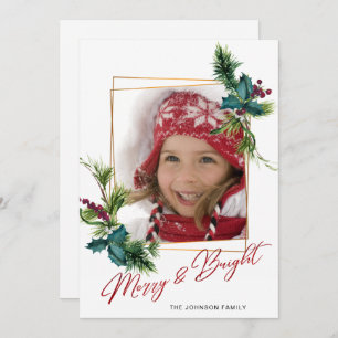 Elegant Christmas Holly Pine Photo Holiday Card