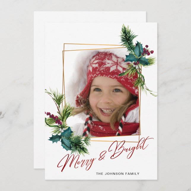 Elegant Christmas Holly Pine Photo Holiday Card (Front/Back)