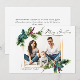 Elegant Christmas Holly Pine Photo Holiday Card