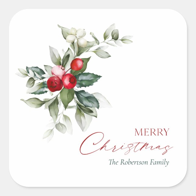 Elegant Christmas Holly Square Sticker (Front)