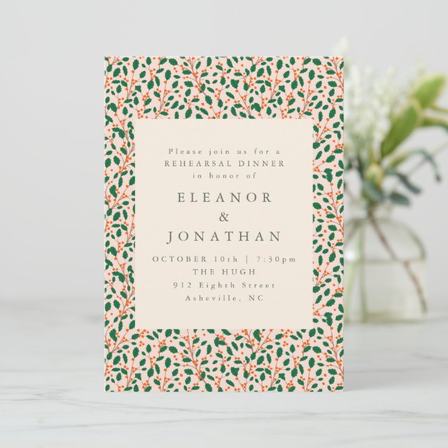 Elegant Christmas Holly Wedding Rehearsal Dinner Invitation (Standing Front)