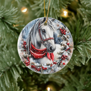 Elegant Christmas Horse with Winter Wreath Ceramic Tree Decoration