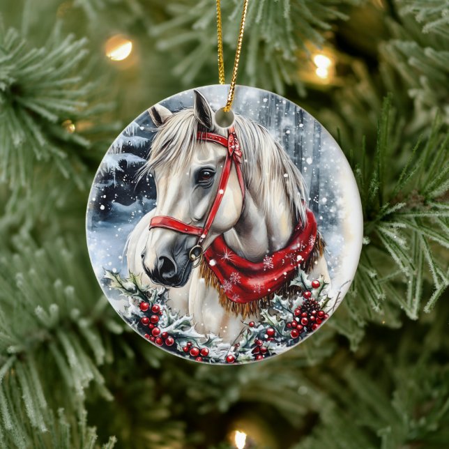 Elegant Christmas Horse with Winter Wreath  Ceramic Tree Decoration (Tree)