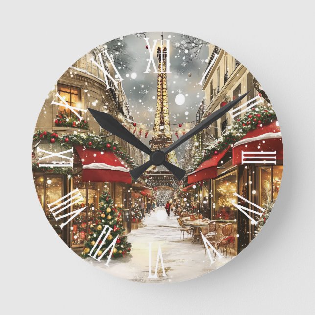 Elegant Christmas in Paris Holiday  Round Clock (Front)