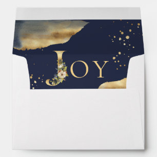 Elegant Christmas Joy Floral Gold Glitter Blue Envelope