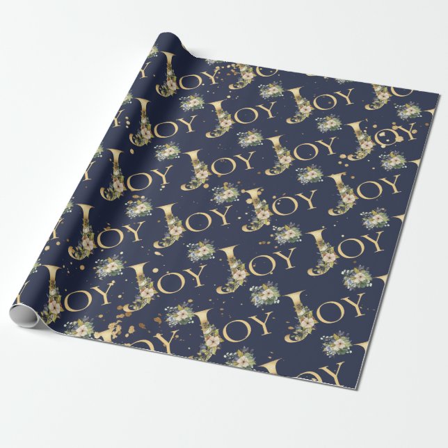 Elegant Christmas Joy Floral Gold Glitter Blue Wrapping Paper (Unrolled)