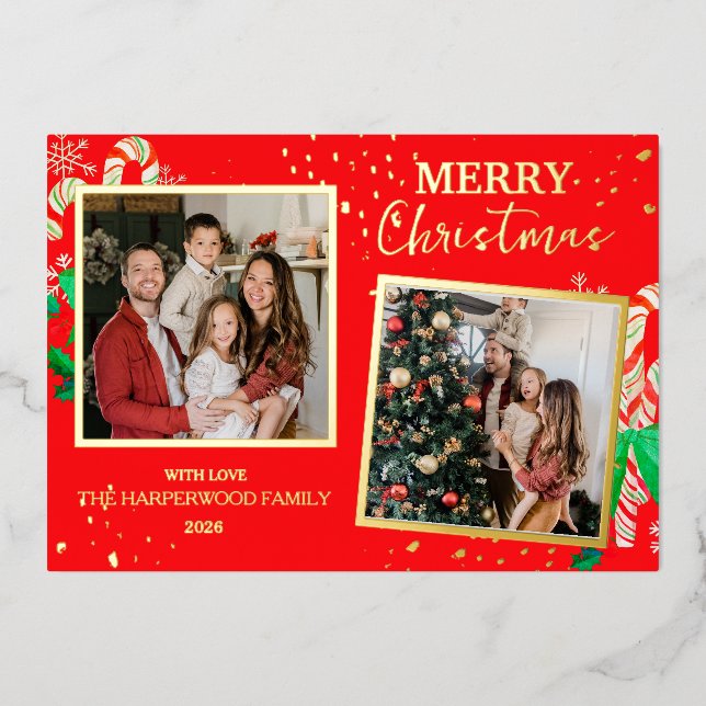 Elegant Christmas Joy Gold Sparkle Multi Photo Foil Holiday Card (Front)