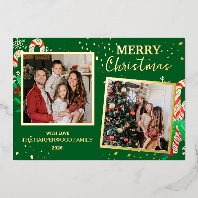 Elegant Christmas Joy Gold Sparkle Multi Photo Foil Holiday Card (Front)