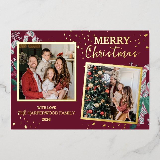 Elegant Christmas Joy Gold Sparkle Multi Photo Foil Holiday Card (Front)