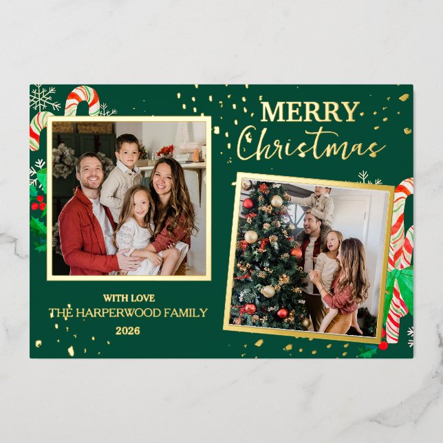 Elegant Christmas Joy Gold Sparkle Multi Photo Foil Holiday Card (Front)