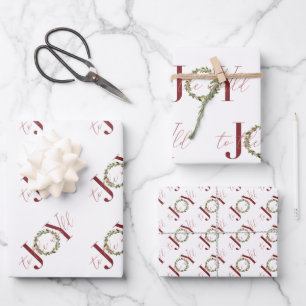 Elegant Christmas Joy to the World Wreath Wrapping Paper Sheet
