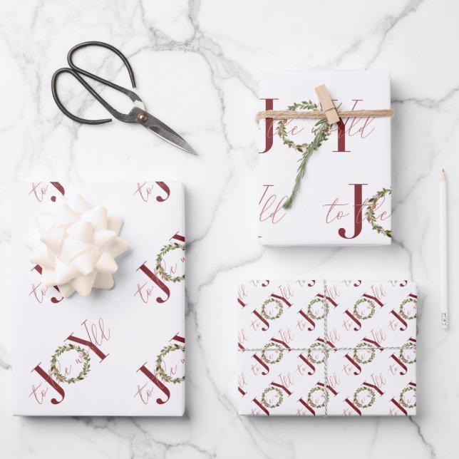 Elegant Christmas Joy to the World Wreath Wrapping Paper Sheet (Front)