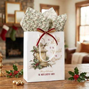 Elegant Christmas Joy Watercolor Holly Custom Name Medium Gift Bag